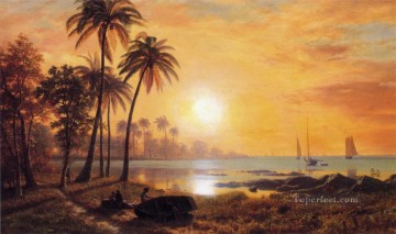 ボート Painting - 湾の漁船のある熱帯の風景 luminism landsacpes Albert Bierstadt